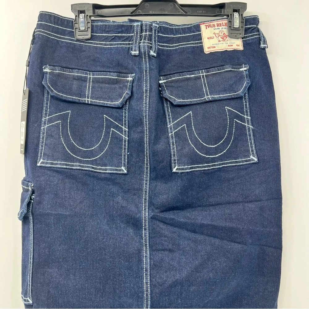 True Religion Cargo Maxi Denim Skirt 28 Dark Wash Utility Y2K NWT Slit